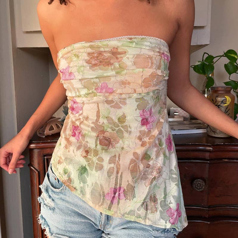 Vacation-style floral print irregular strapless