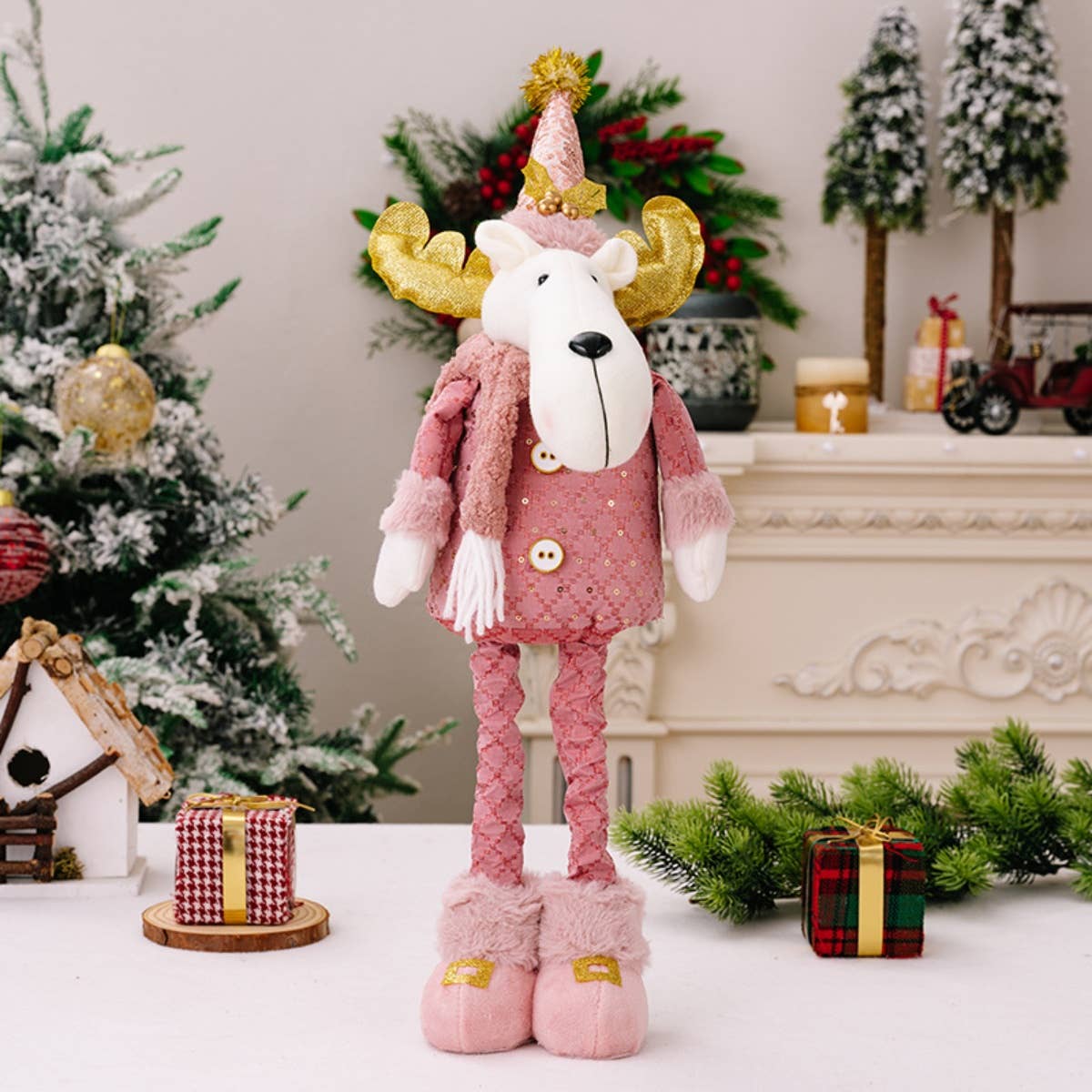 CWMM2995_PINK SANTA DOLL RETRACTABLE ELK DECORATION