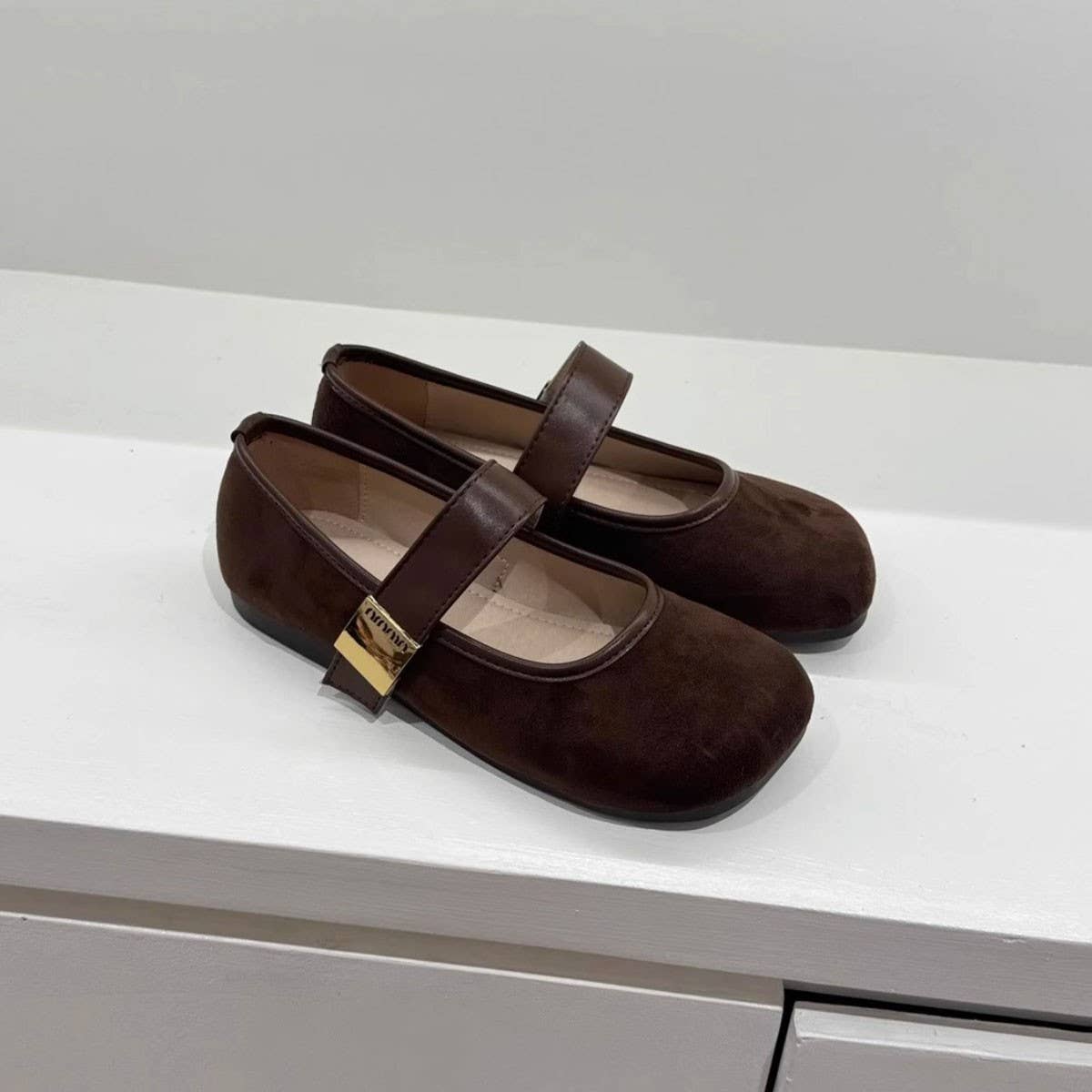 Flat Suede Mary Janes with Metal Buckle