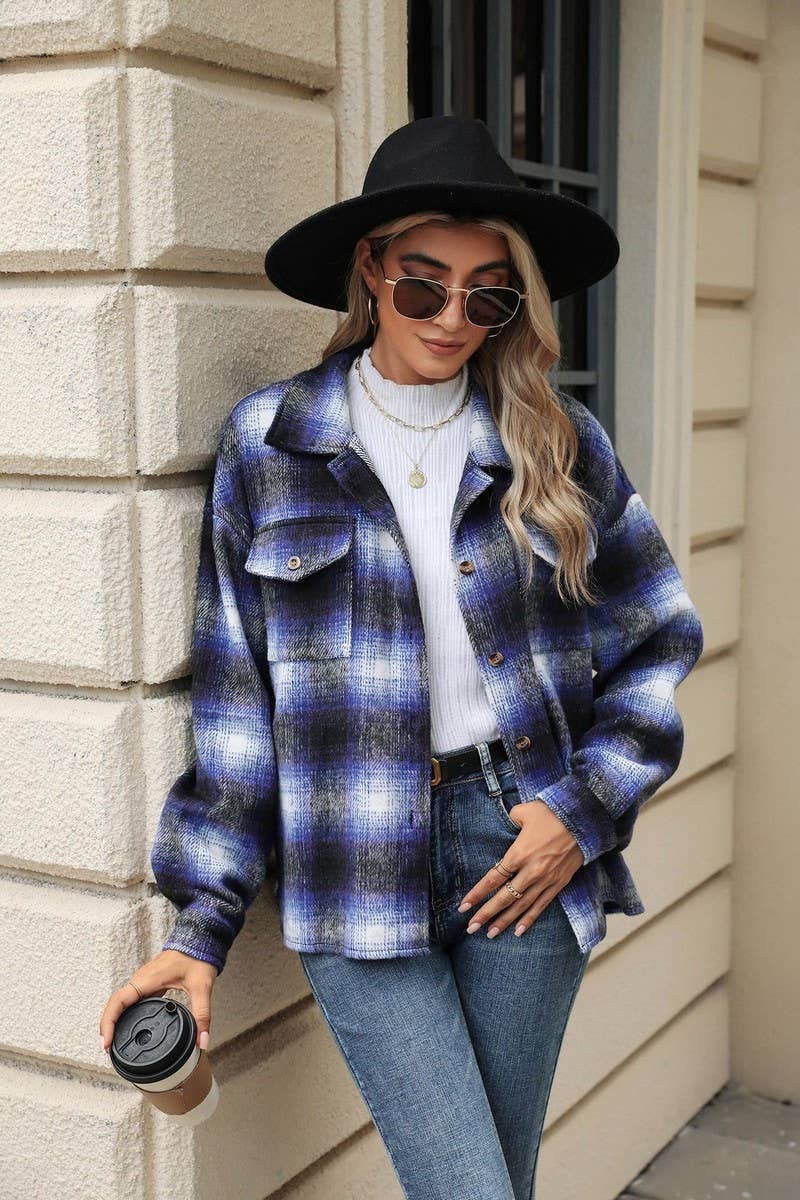 CWOCO0874_LONG SLEEVE LOOSE STRIPED PLAID CARDIGAN COAT