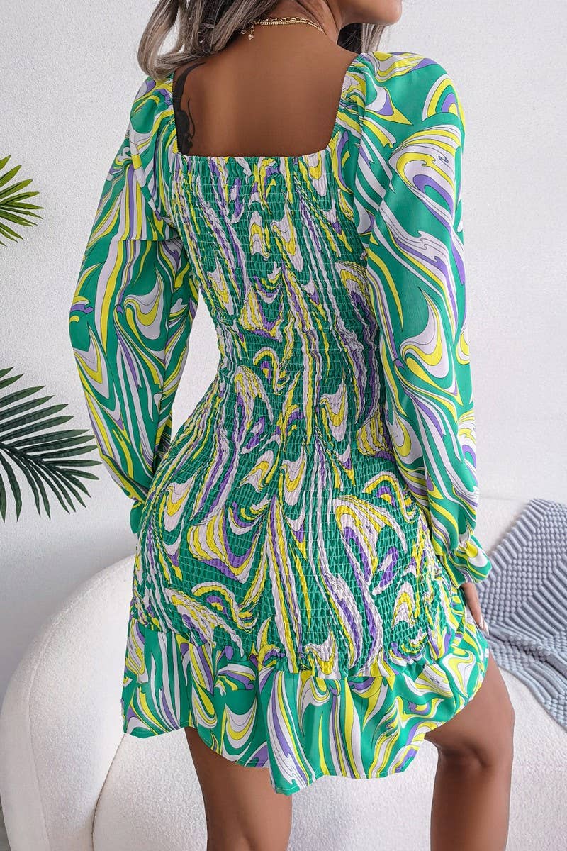 CWDMD4717_SEXY SQUARE NECK LONG SLEEVE RUFFLED HIP DRESS