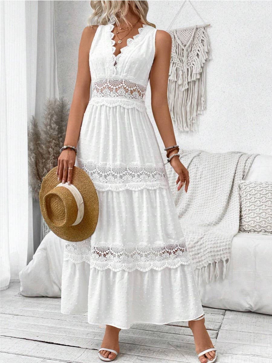 Lace splicing solid color v-neck sleeveless dress
