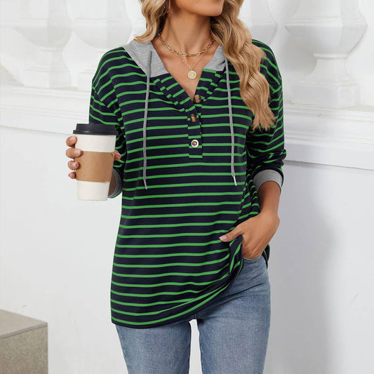 Striped hooded long-sleeved loose sweatshirt