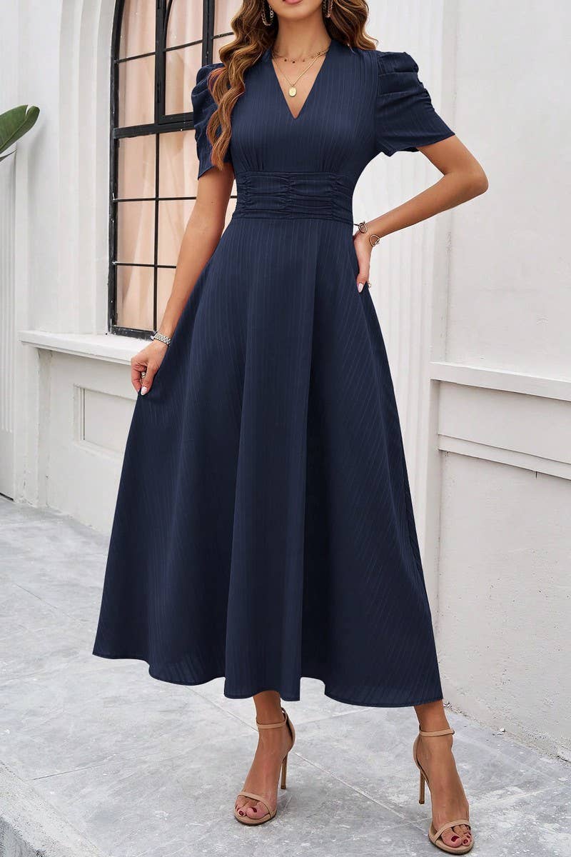 CWDMD5340_V-NECK ELEGANT SOLID COLOR HIGH WAIST DRESS
