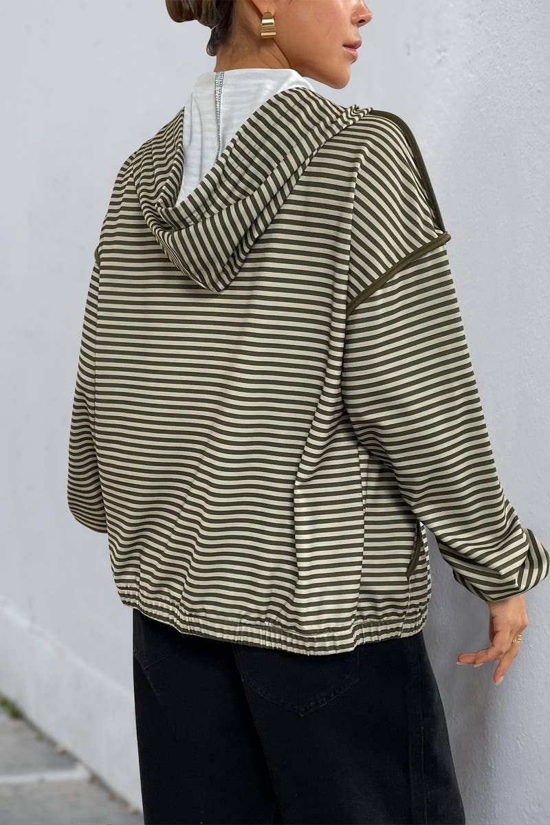 CWOCO1266_STRIPED LONG SLEEVE CASUAL HOODED JACKET