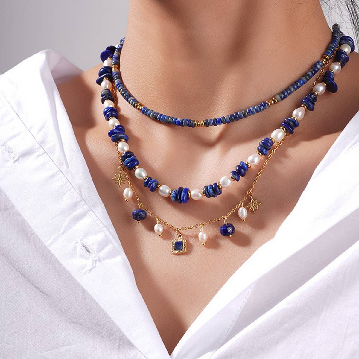 Unique Natural Stone Pearl Necklace Set with Lapis