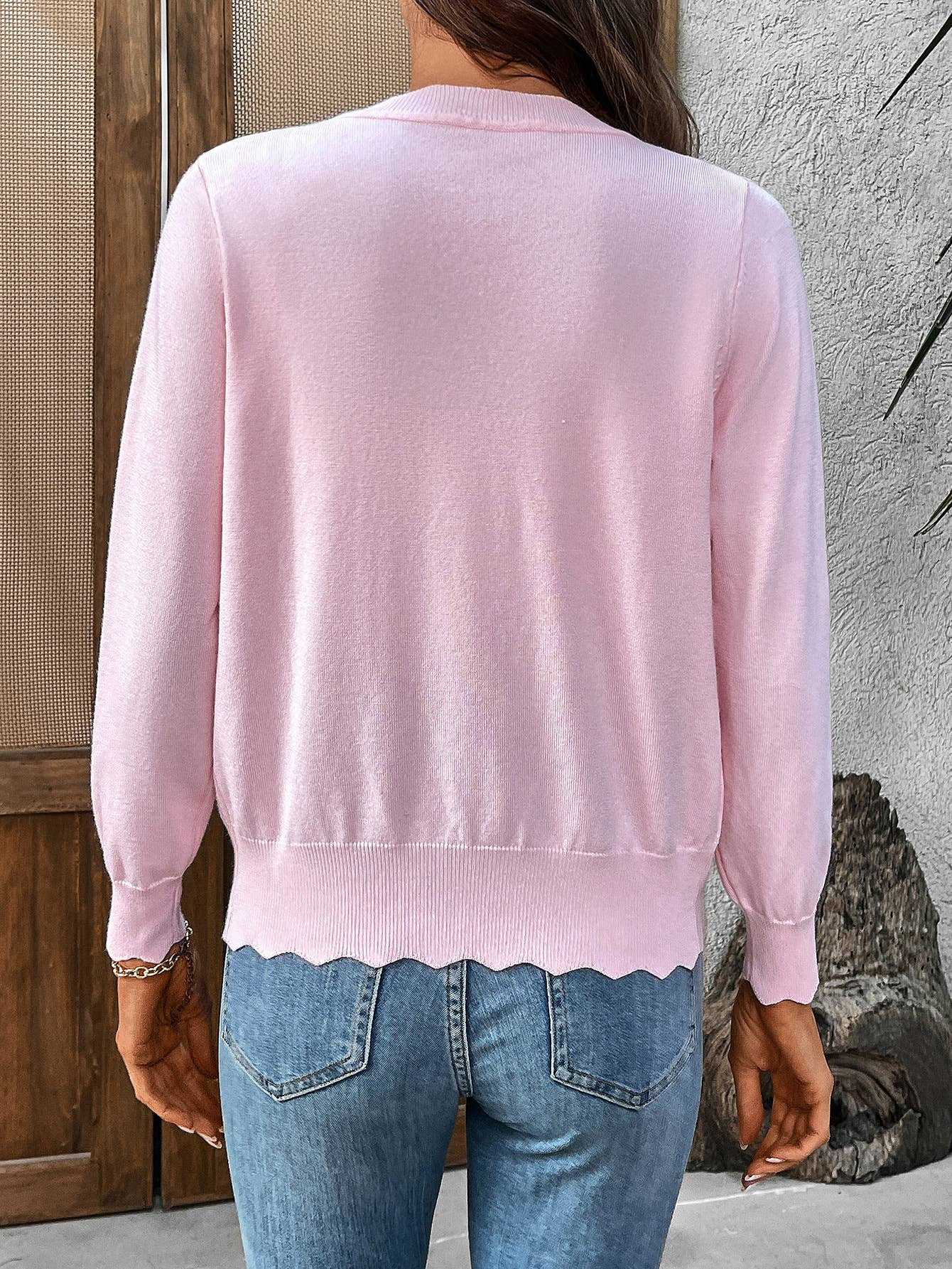 V-neck long-sleeved solid-color knitted cardigan