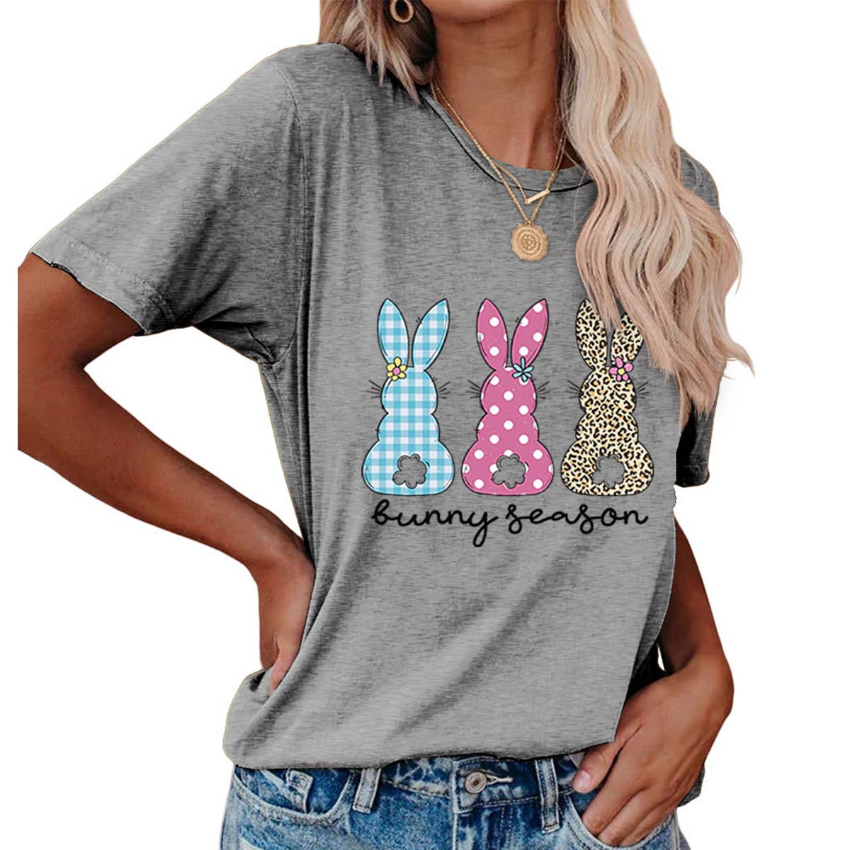 EASTER ROUND NECK LOOSE BUNNY PRINT T SHIRT_CWTTS0856