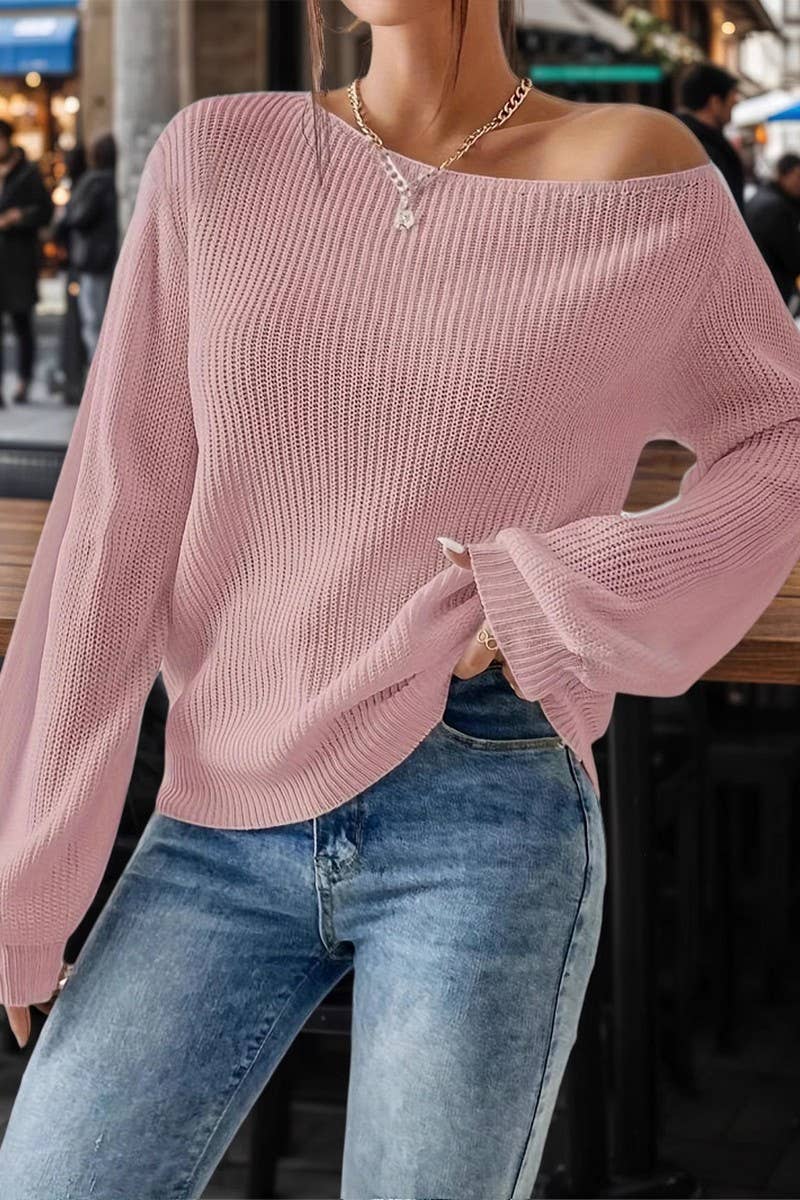 CWOSWL07624_SOLID OFF SHOULDER LOOSE KNIT PULLOVER