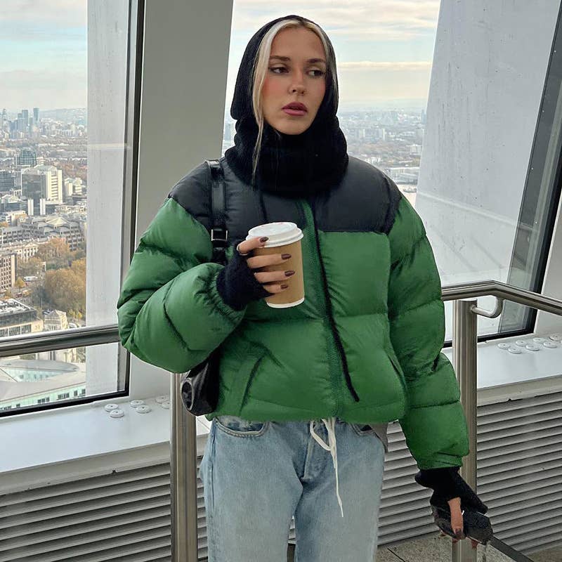 SOLID COLOR ROUND NECK ZIPPER POCKET BREAD JACKET