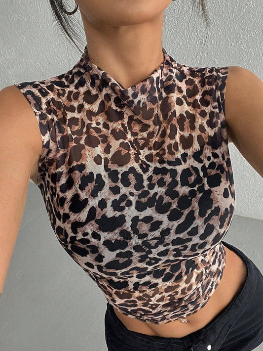 Sleeveless leopard print stand-up collar T-shirt