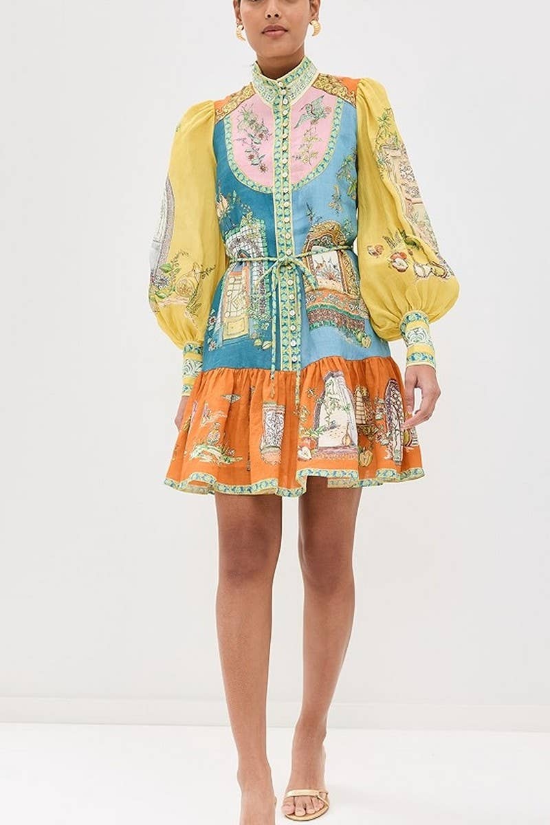 CWDSD8250_FASHIONABLE PUFF SLEEVE RUFFLE HEM DRESS