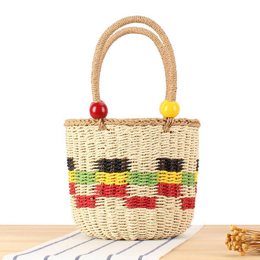 TWO-TONE BEADED PLAID STRAW BUCKET BAG_CWAB2110