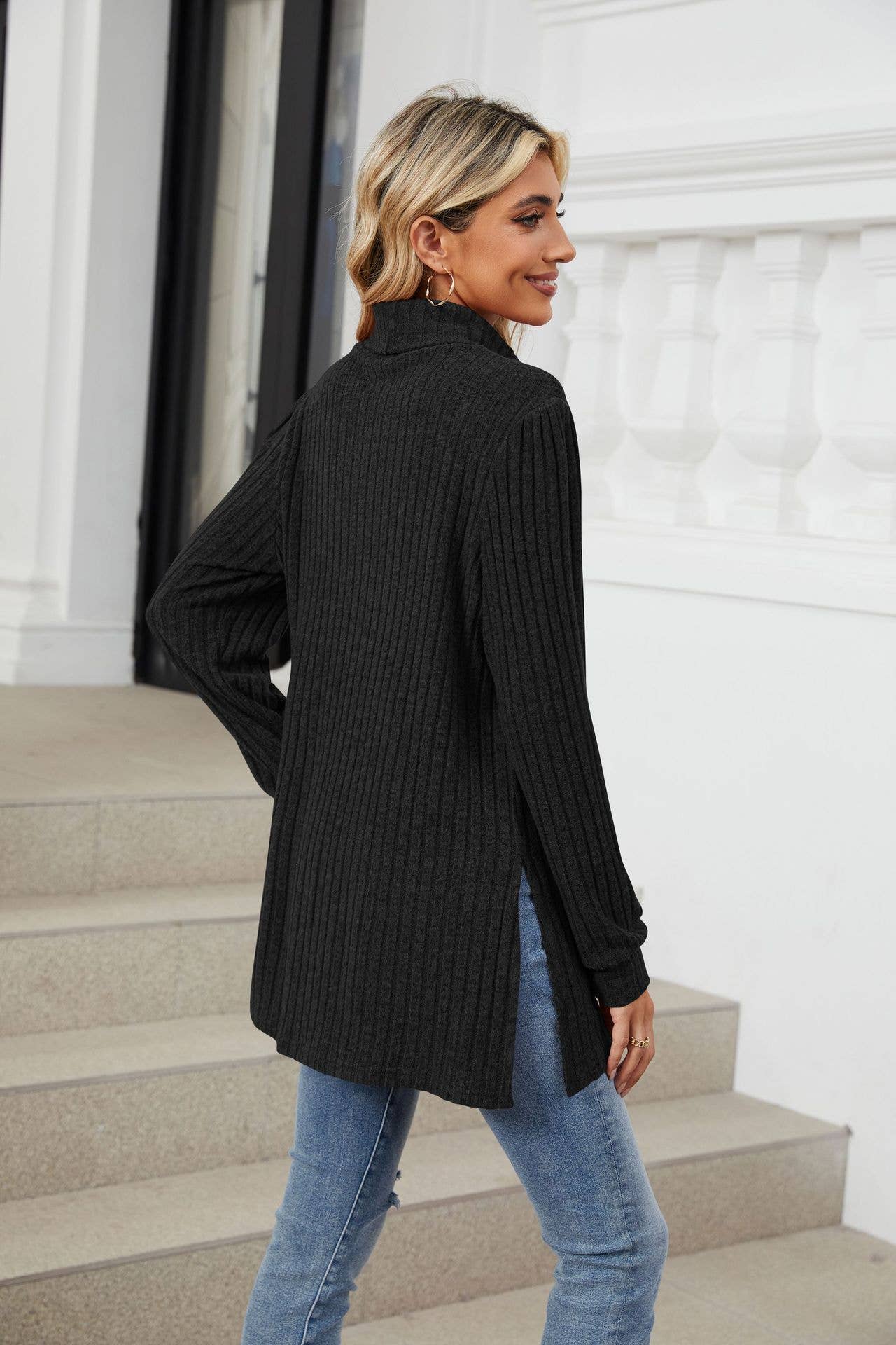 Half High Neck Long Sleeve Slit Pocket Shirt