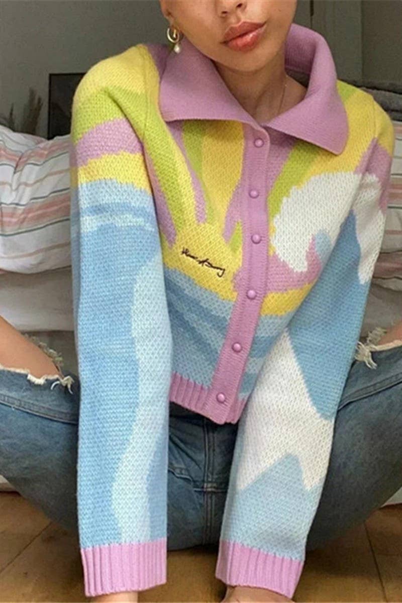 Jacquard lapel single breasted sweater cardigan