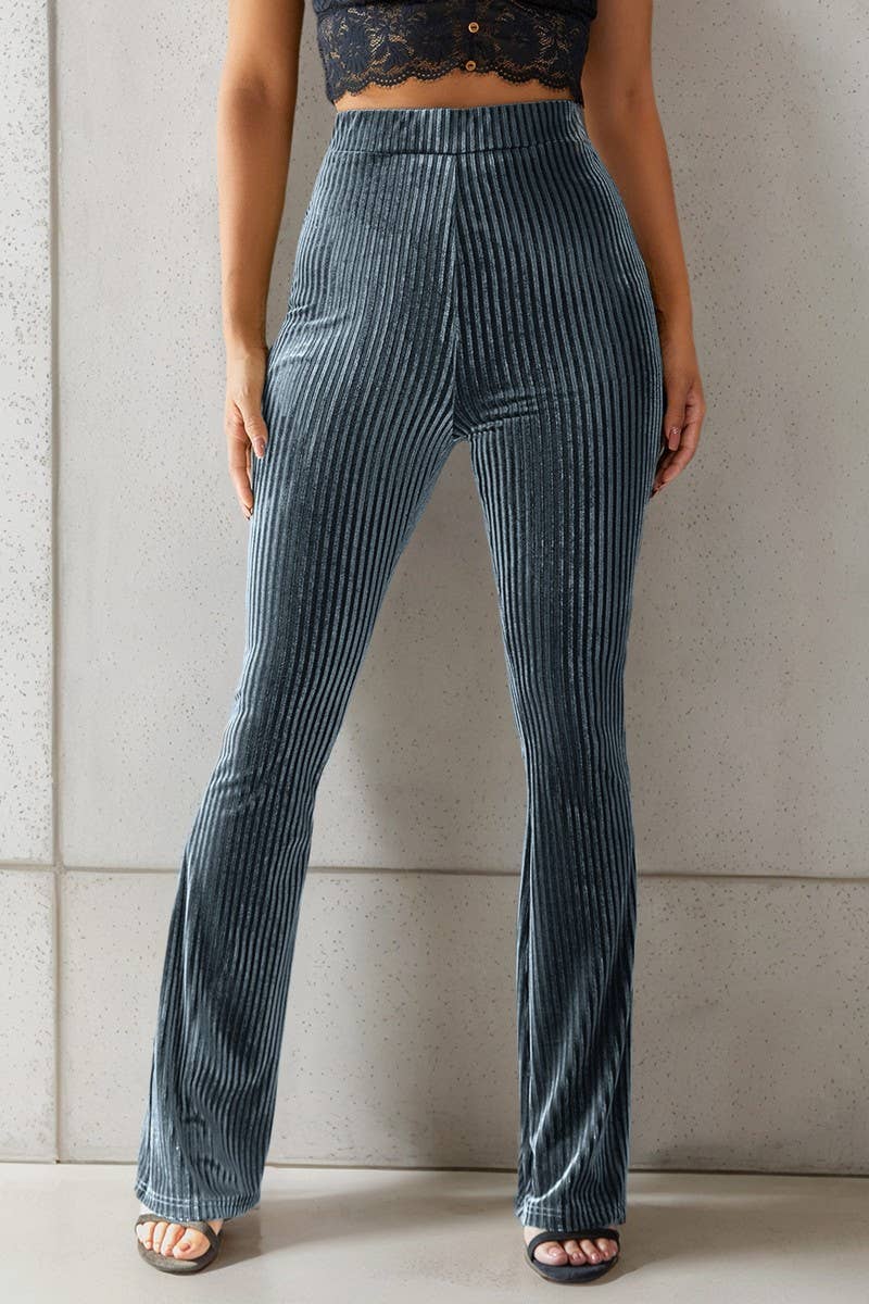 CWBLP00948_CASUAL STRIPED FLARED RIBBED SLIM FIT PANTS