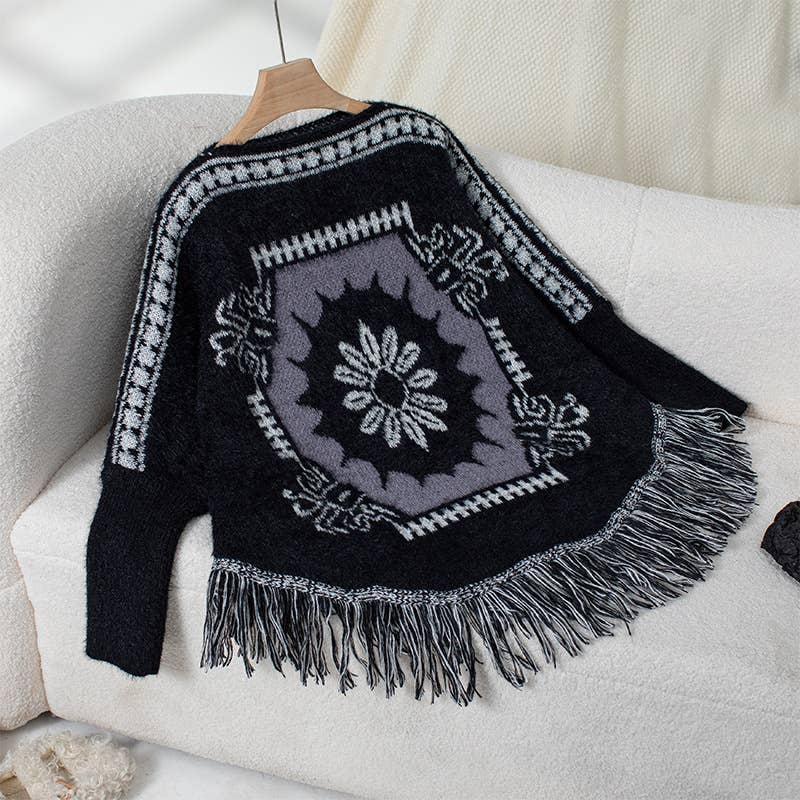 Women's loose long-sleeved knitted tassel cape