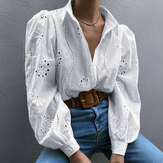 EMBROIDERED LOOPED LONG-SLEEVED LAPEL SHIRT