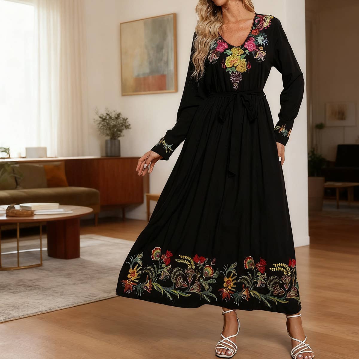 Ethnic style embroidered waist-slimming dress