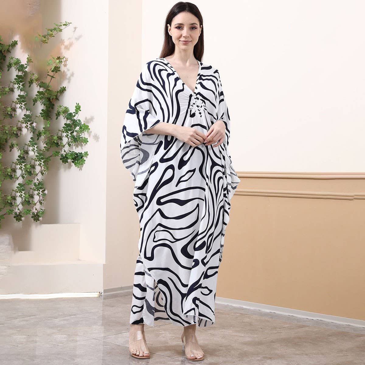 Zebra Print Rayon Beach Cover-Up with Woven Front_CWMM6158