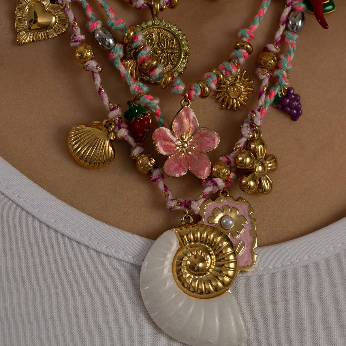 Handmade Cotton Rope Necklace with Shell Charms