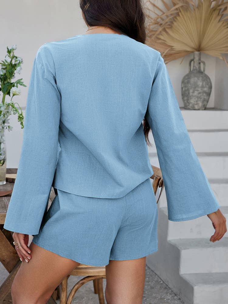 Lace-up cardigan shorts casual solid color suit
