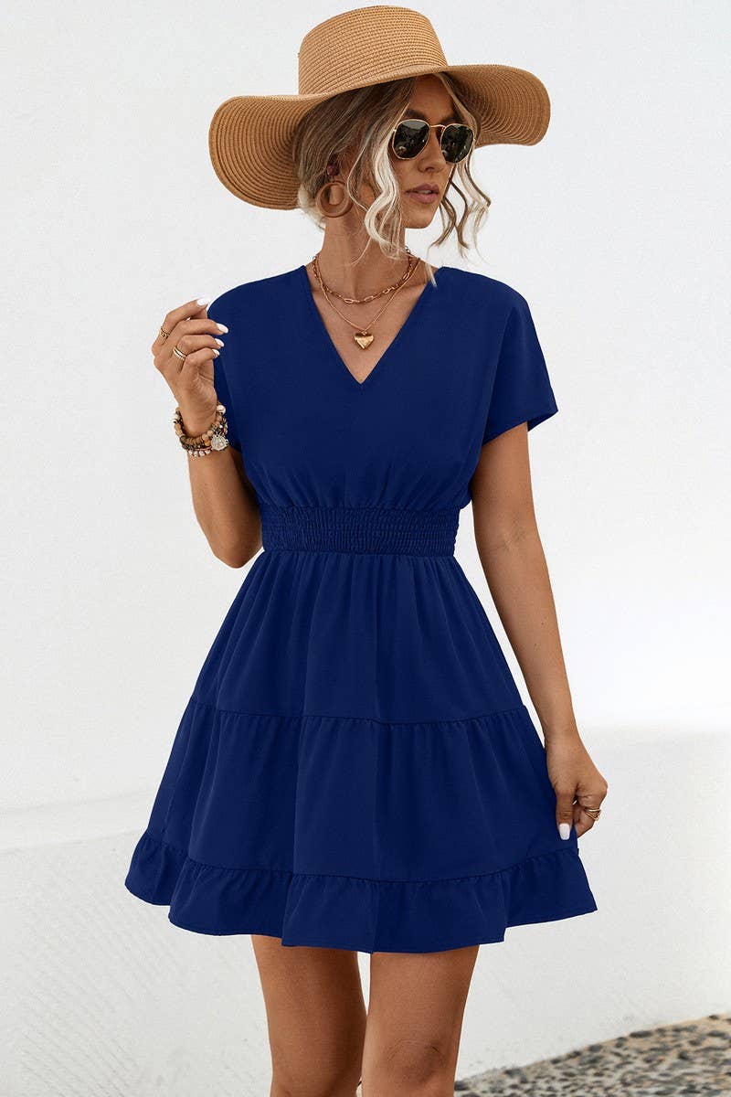 CWDSD4949_CASUAL V-NECK SOLID COLOR SHORT DRESS