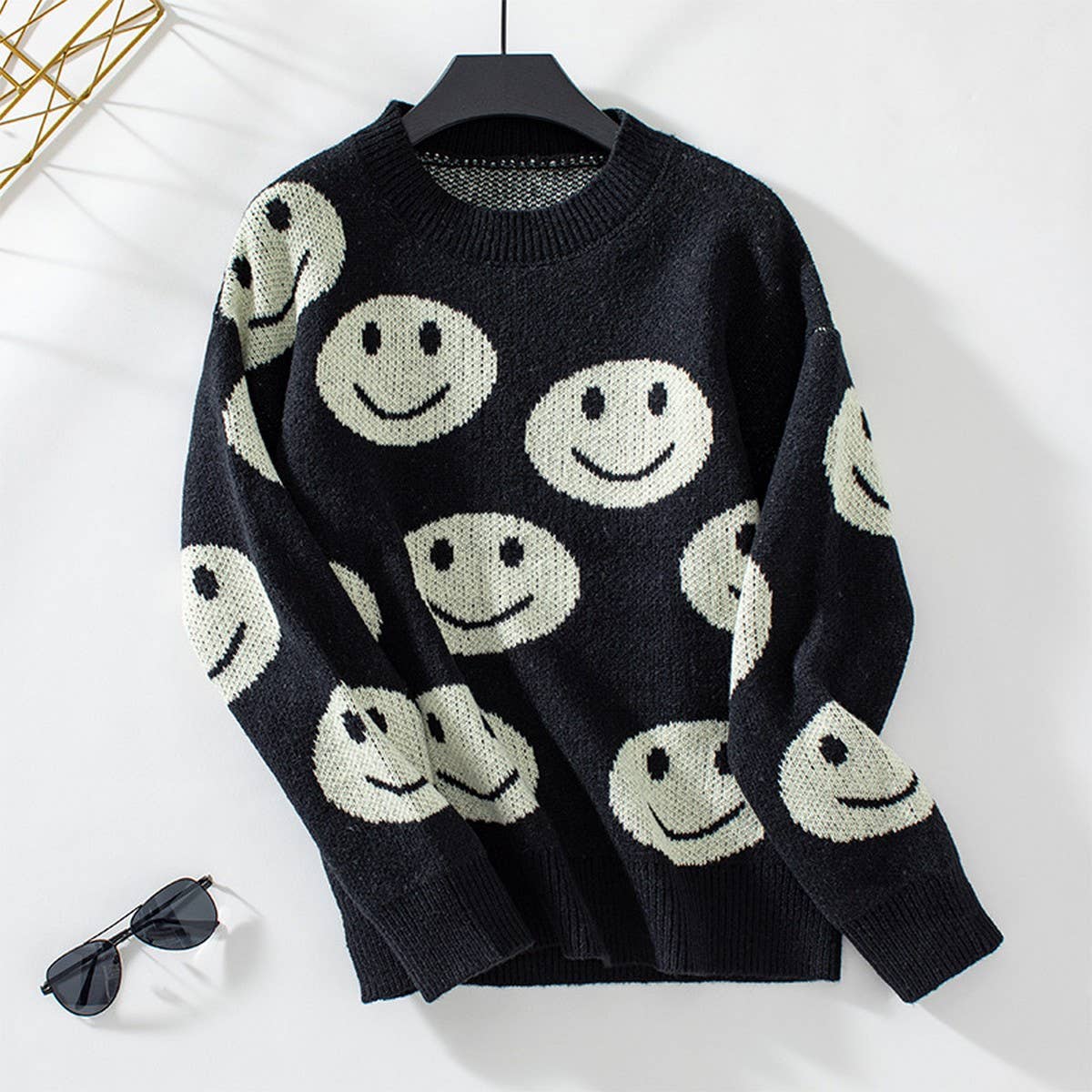 Smiley face jacquard loose crew neck sweater