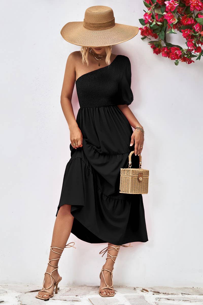 SLANT SHOULDER PUFFY SLEEVE DRESS_CWDSD2635