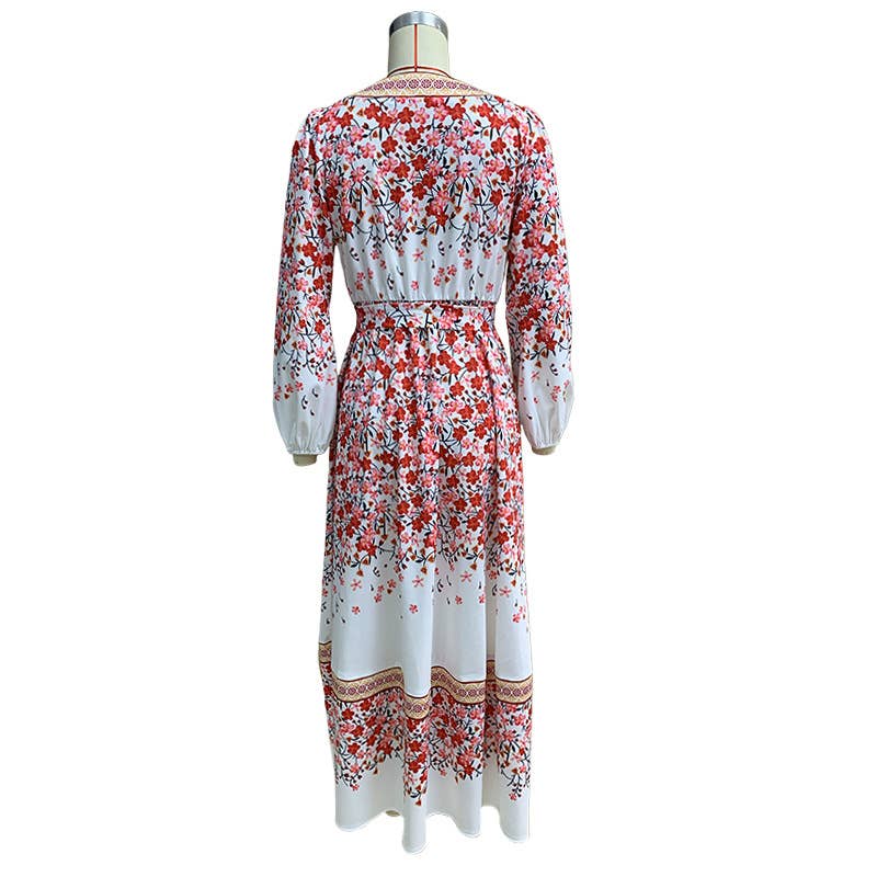 LONG-SLEEVED PRINTED BOHO WAISTED DRESS