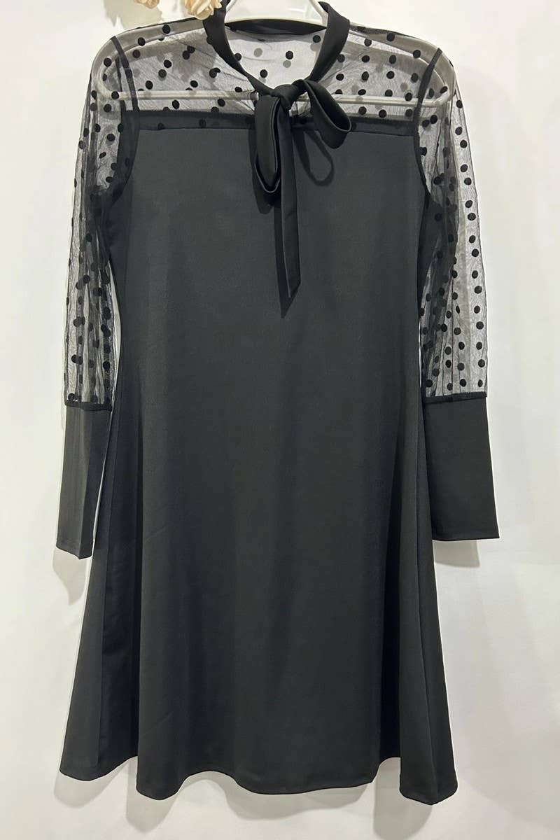 CWDMD01221_POLKA DOT MESH BOW LONG SLEEVE DRESS