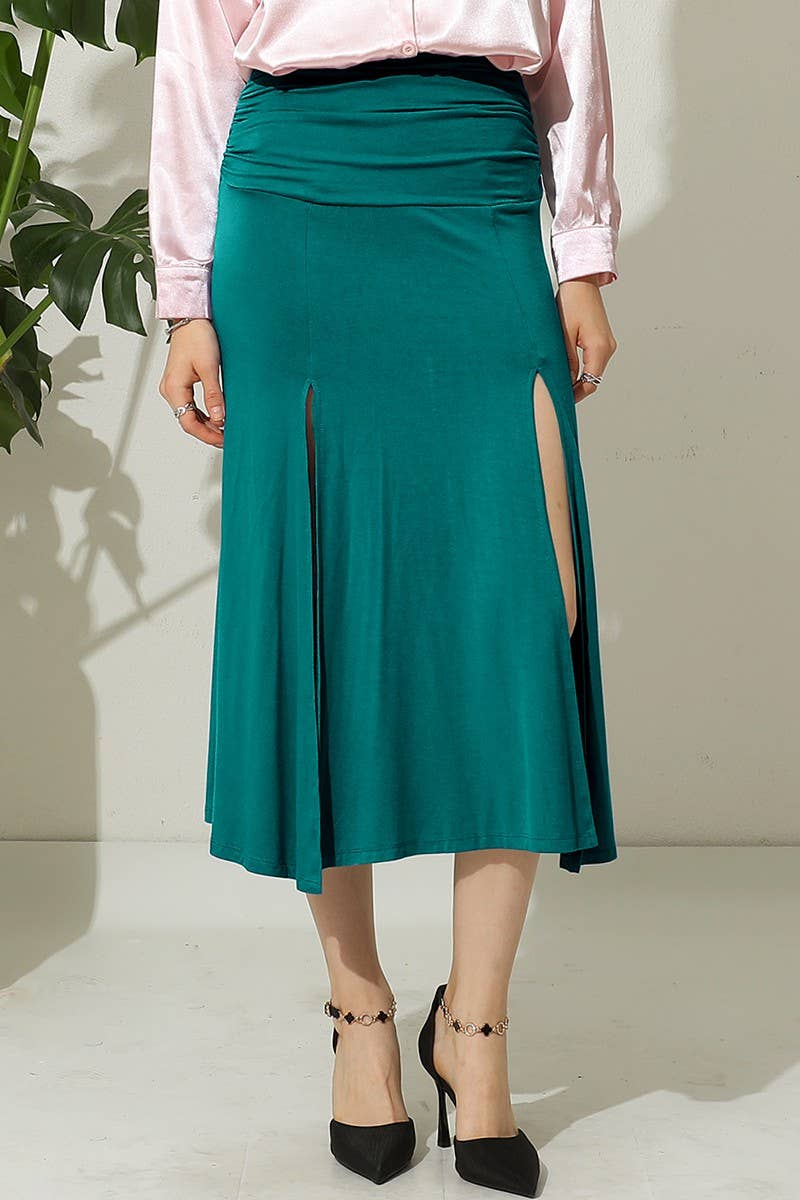 CWBLS120_HIGH WAIST SHIRRED FLOUNCE MAXI SKIRTS WITH SLIT