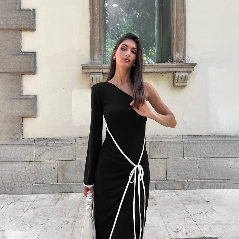 TEMPERAMENT ONE-SHOULDER COLOR EDGE LACE DRESS