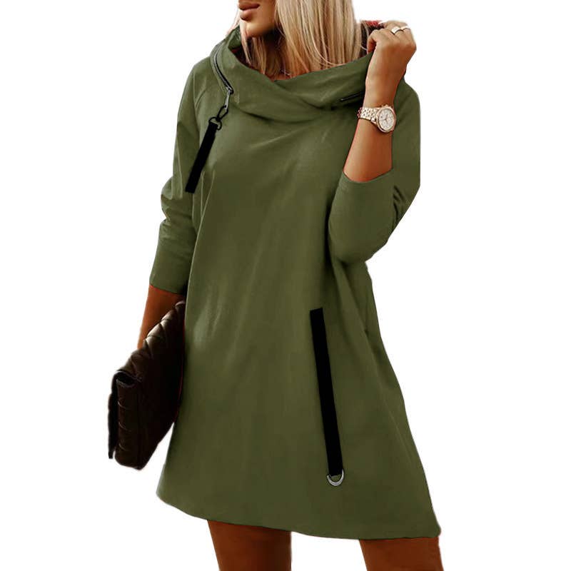 LOOSE ZIPPER HOODED LONG-SLEEVED SOLID COLOR DRESS