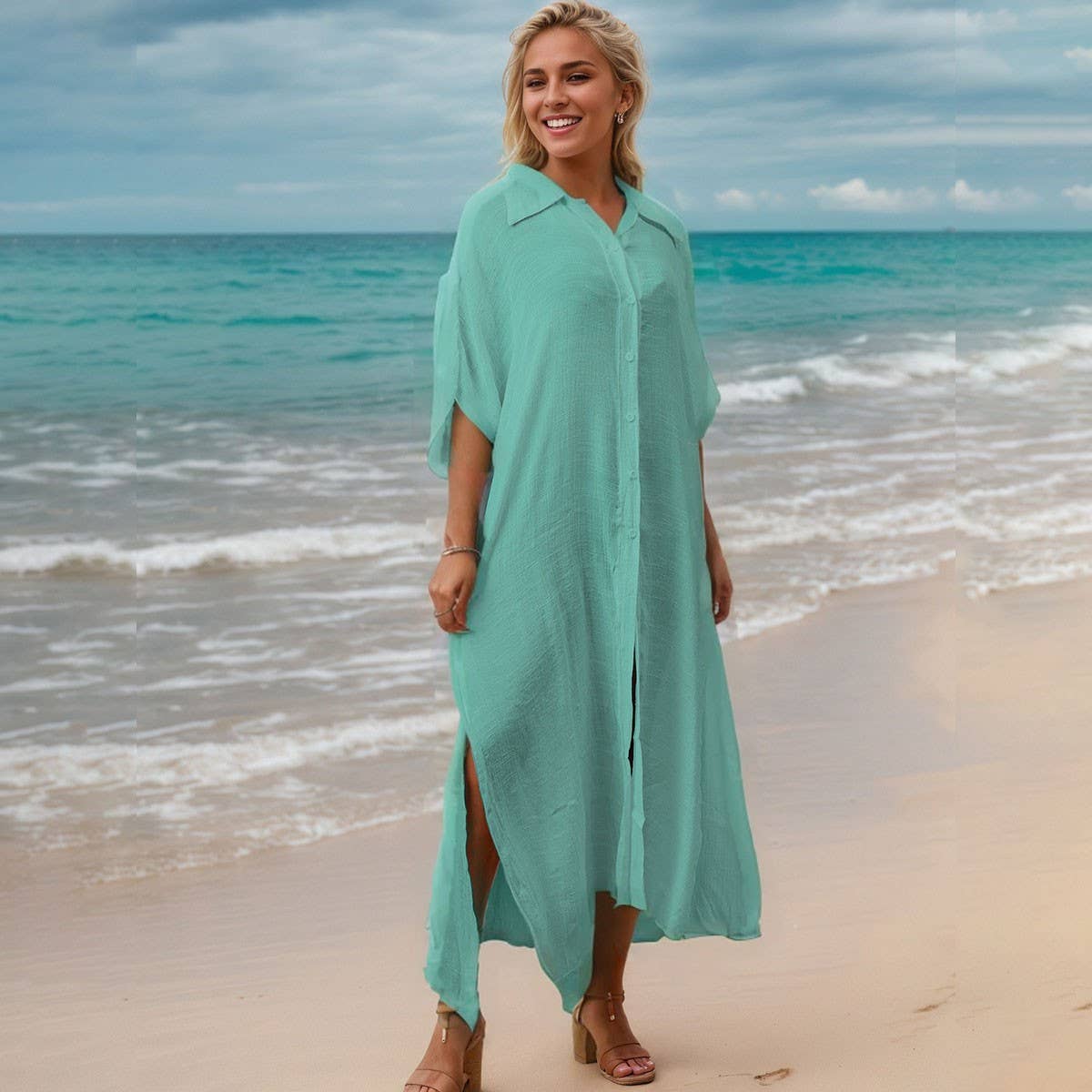 Bamboo Cotton Beach CoverUp Solid Color BikiniShirt_CWMM6300