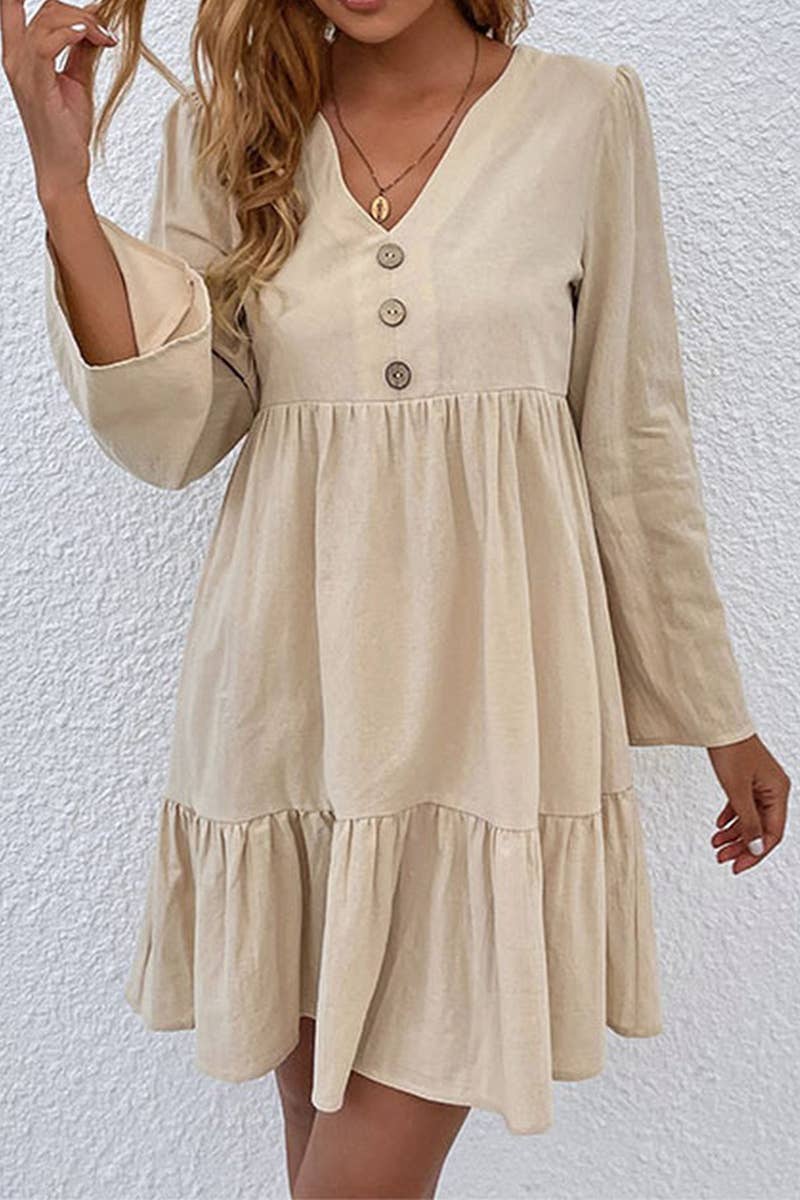 CWDSD2000_V-Neck Button Long Sleeve Pullover Dress