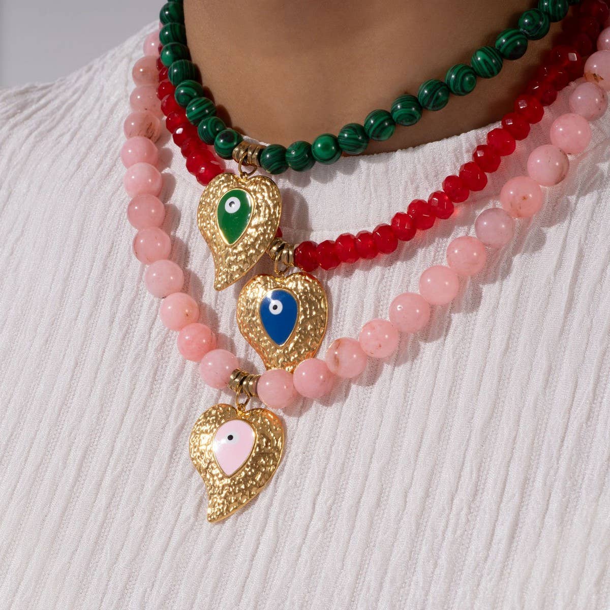 Colorful Beads Malachite Evil Eye Heart Necklace