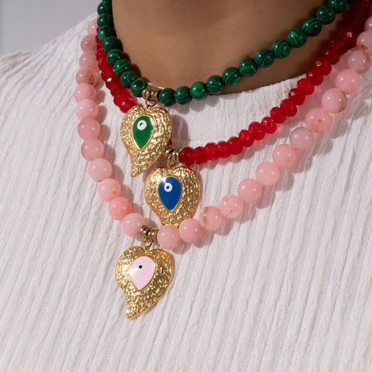 Colorful Beads Malachite Evil Eye Heart Necklace
