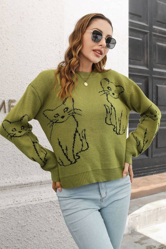 Cwoswl3840_Cat Jacquard Long-Sleeved Pullover Sweater