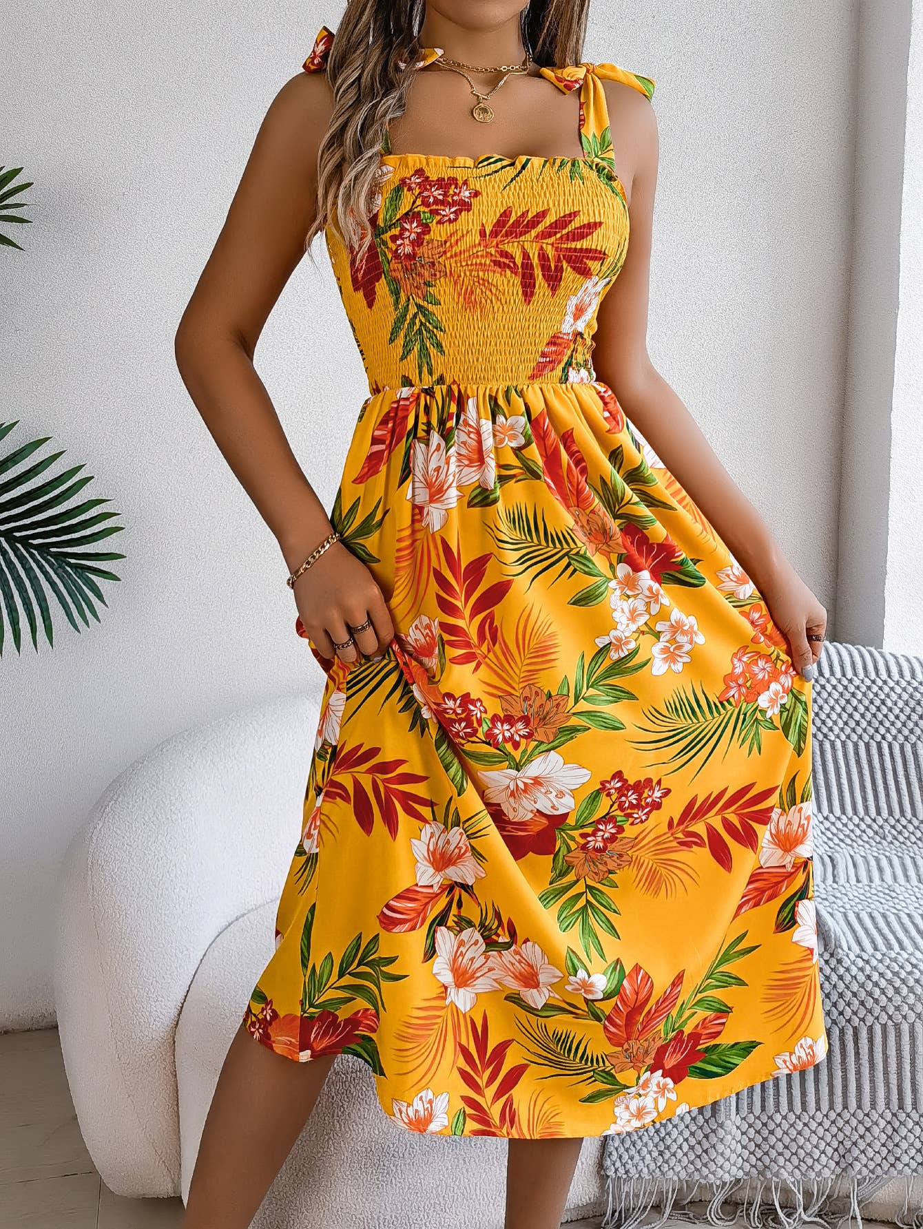 Printed lace-up halter dress Holiday beach dress