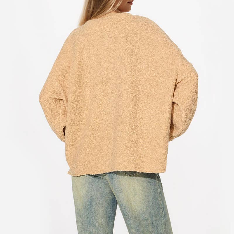 Round neck zipper plush solid color pocket casual cardigan