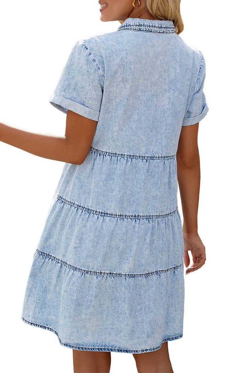 CWDSD5998_DENIM CASUAL SHORT-SLEEVED MIDI DRESS