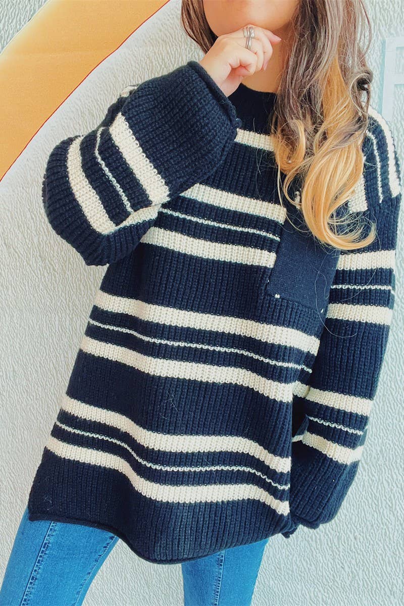 Thick pin stripe color contrast round neck pullover