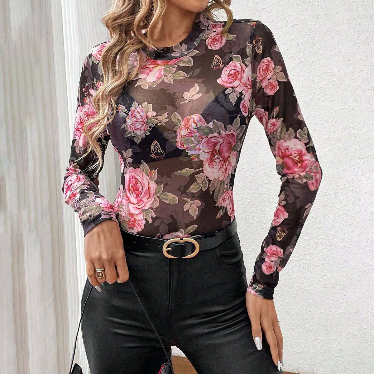 SEMI SHEER ROSE PRINT CHIFFON MESH LACE TOP