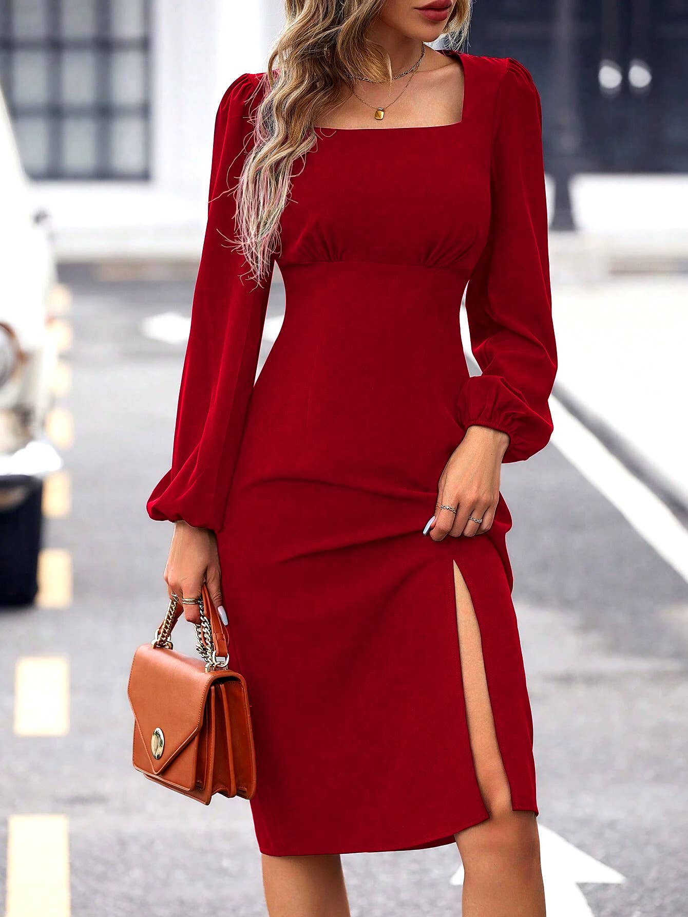 Temperament square collar waist dress