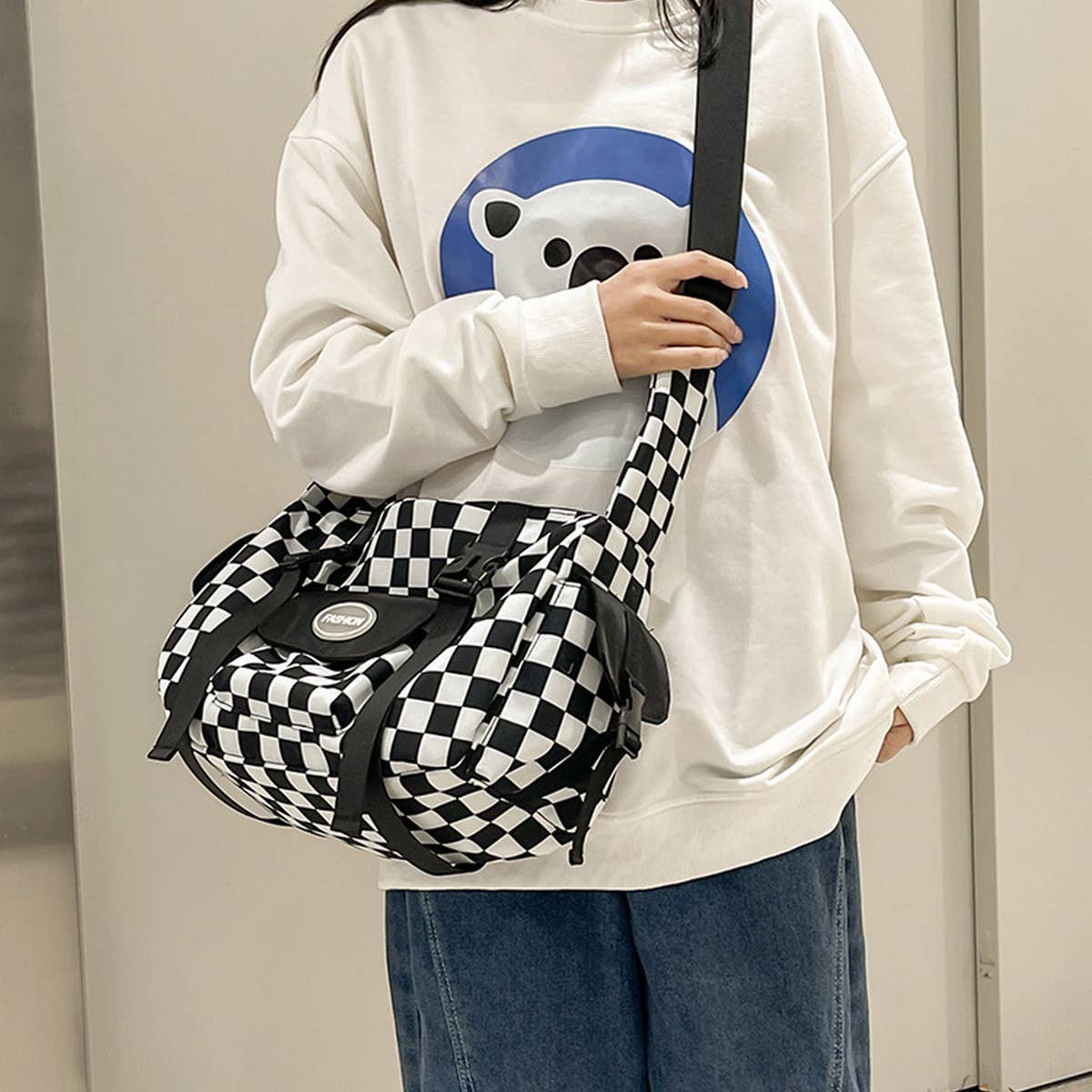 PLAID LARGE CAPACITY SHOULDER CANVAS BAG_CWAB1600