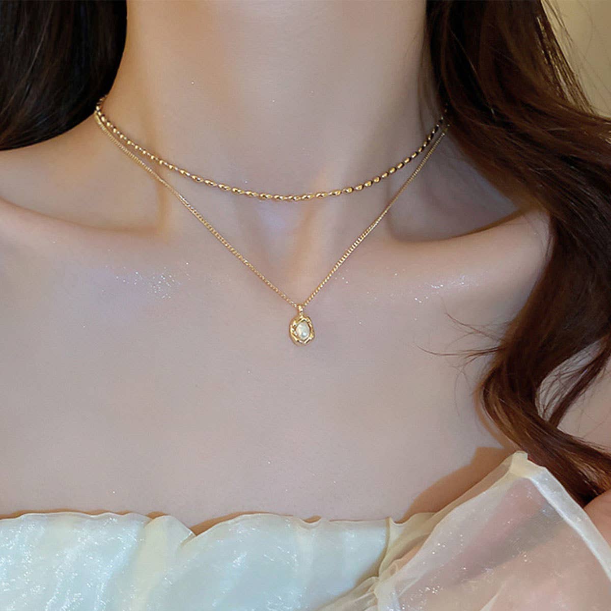 Irregular freshwater pearl double-layer necklace