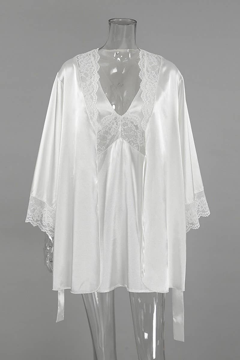 CWSPJ00529_LACE TRIM SATIN PAJAMA SET WOMEN ROBE NIGHTDRESS