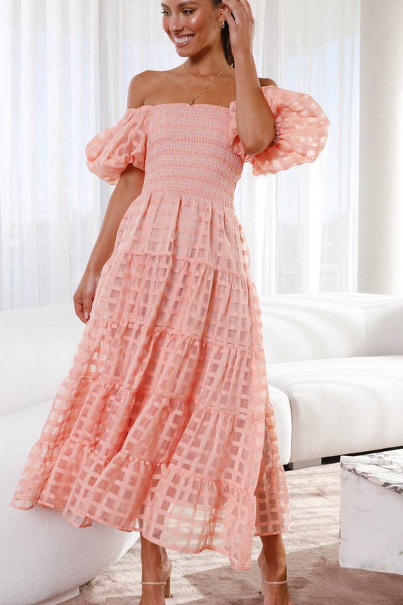 CWDMD5648_OFF SHOULDER LANTERN SLEEVE TIERED RUFFLE DRESS