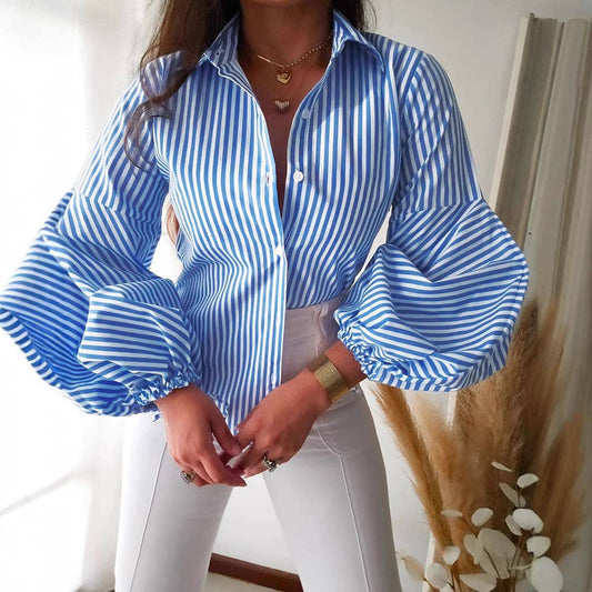 LIGHT BLUE STRIPED LANTERN SLEEVE SLIM-FIT SHIRT